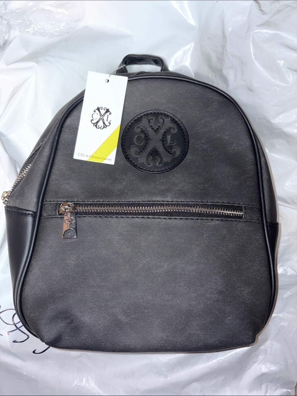 Christian Lacroix Black Leather Men's Backpack with Embossed Crest